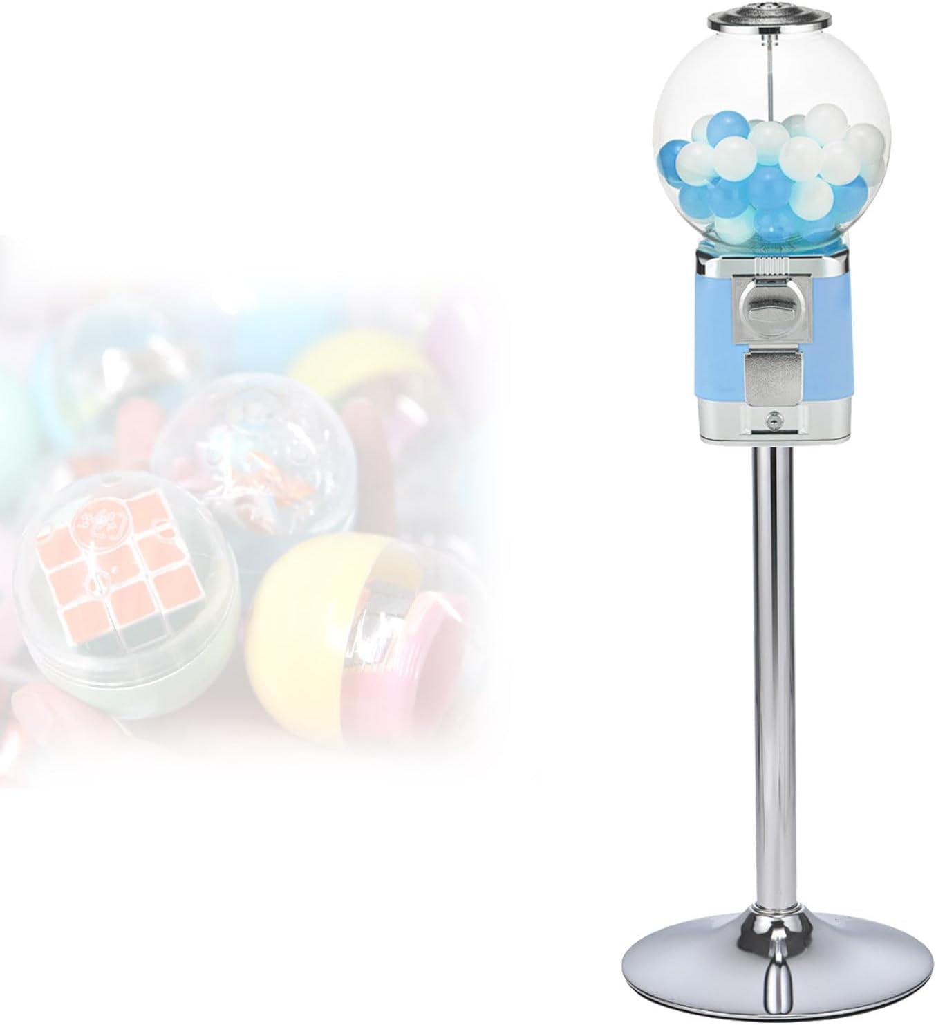 Light Blue Candy Vending Machine - Coin Operated Gumball Bank for Toy Capsules, Bouncy Balls & Candy - Fun Bubble Gum Dispenser with Silver Drawer
