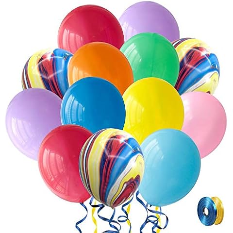 Rainbow Balloons Multicolour Colourful Helium Balloons SKYIOL 100pcs 12 inch Balloon Rainbow Marble Latex Balloons with 2pcs 32ft Ribbons as Kids Adult Birthday Wedding Baby Shower Party Decoration Cover