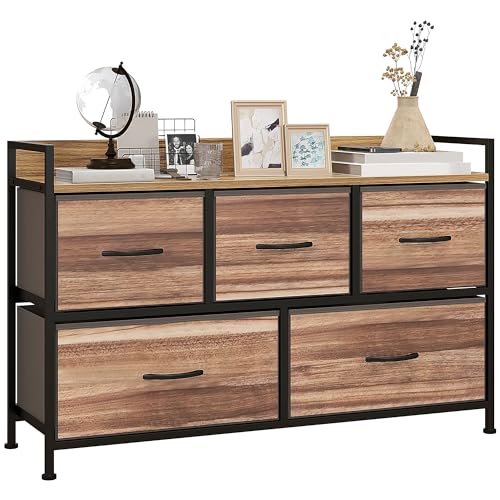 HOMCOM Mueble Organizador Cajonera de Tela con Cajones Plegables Estante Abierto y Marco de Acero Estilo Industrial para Salón Recibidor Dormitorio 98x29x63 cm, Roble