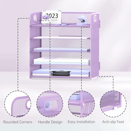 Image of Supeasy 5 Trays Paper Organizer Letter Tray with Handle-Mesh Desk File Holders, Paper Sorter Desk Organizer for Office, Home, Classeoom or School, Purple
