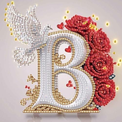 Image of AiYuanzsh Floral 5D Diamond Art Kit Letter B, Elegant Rose & Dove Alphabet Diamond Painting Kit for Adults, DIY Crystal Rhinestones Gem Art Craft for Home Decoration 17x17cm
