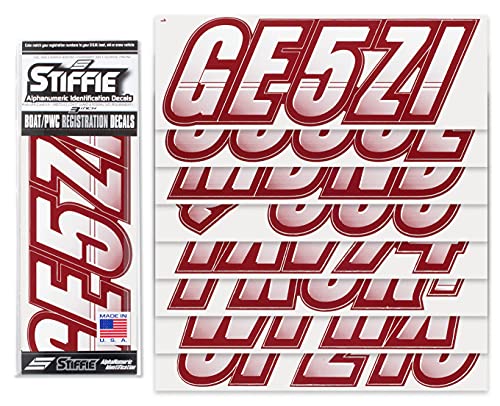 Image of STIFFIE Techtron White /Burgundy 3 inch Boat & PWC Registration Decals • Numbers Letters Stickers