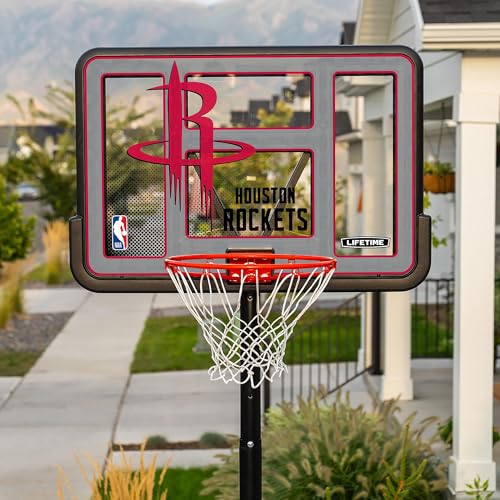 Image of Lifetime NBA Houston Rockets Portable Basketball Hoop, Adjustable Height 7.5-10 Ft, 44 Inch Shatterproof Fusion Backboard, Base with Wheels