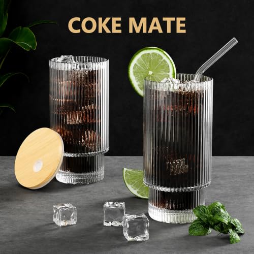 Image of Ribbed Highball Glass Tumbler Set of 2 with Bamboo Lid & Glass Straw, 300ml Drinking Glasses for Iced Coffee, Juice, Smoothies, Cocktails, Beer, Water, Reusable Clear Glass Cups
