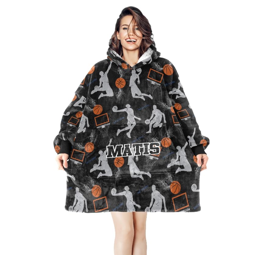 NZOOHY Oversized Wearable Blanket Hoodie Sweatshirt, Basketball Sport Pattern Comfortable Sherpa Lounging Pullover for Women Teenagers Wife Girlfriend