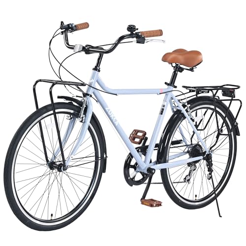 BALINGE Vintage Style 26 Inch Mens Cruiser Bike Hybrid Bike 7 Speeds Commuter Bike for Women, Men, Seniors, SHMANO Shifter and derailleur Step-Over Steel Frame,Double Cargo Rack, Light Blue