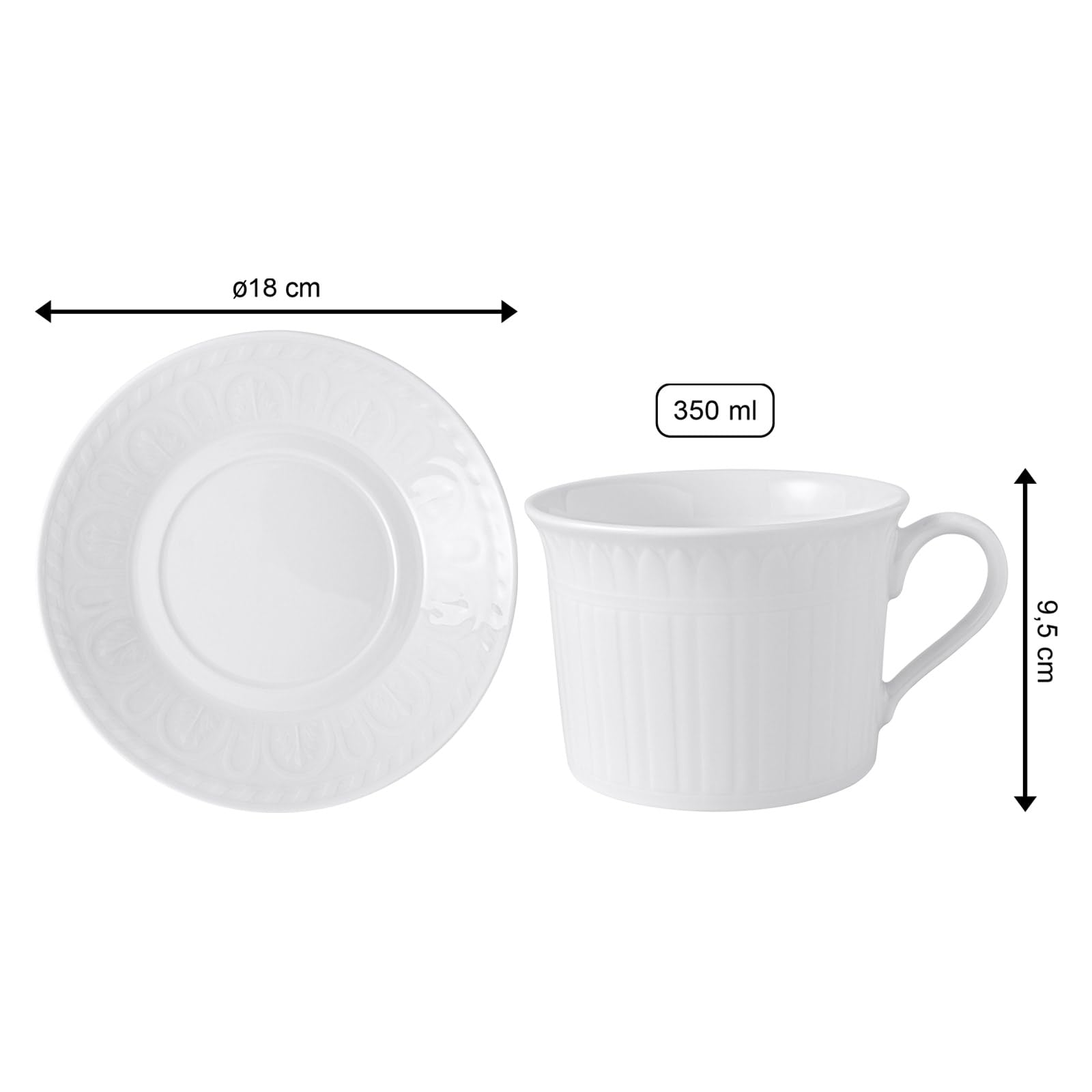Villeroy & Boch Cellini Cappuccino Tassen mit Untertassen 6er Set, 350 ml, Milchkaffee-Set mit antiker Relief-Optik, Premium Porzellan, Weiß