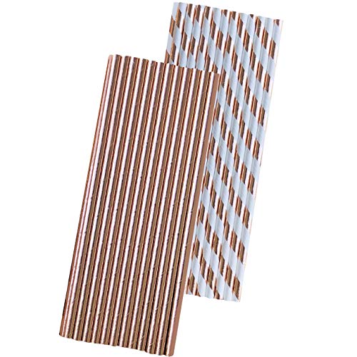 Pitillos de papel con foil rosa dorado, 7.75 pulgadas, pack 50