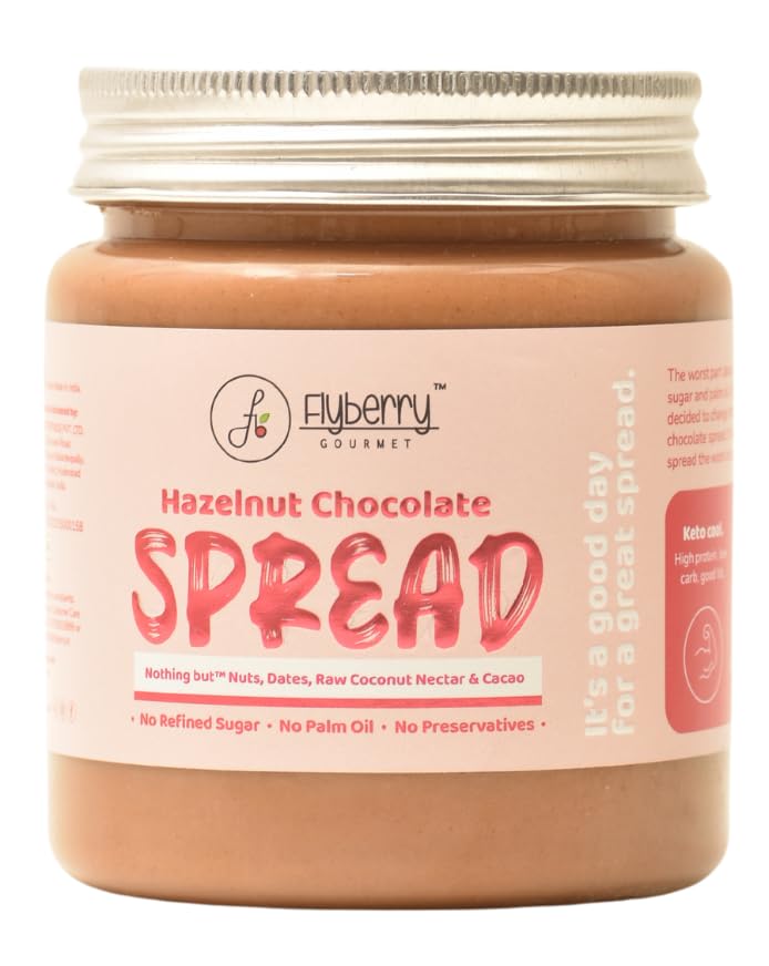 Image of Flyberry Gourmet Hazelnut Chocolate Spread | 34% Hazelnut & 23% Almond | No Palm Oil & Refined Sugar | 100% Natural Ingredients | No Added Preservatives | Easy To Spread on Bread, Paratha | 500 g