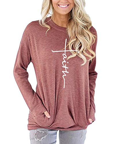 ZILIN Women's Casual Letter Print Crewneck T-Shirt Long Sleeve Tunic Tops Sweatshirt With Pockets (Light-red, L)