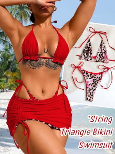 Image of ShawGobow Womens 3 Piece Leopard Bikini Set,Triangle String High Cut Thong Sexy Swimsuit & Coverup Skirt,Pool Party Outfit