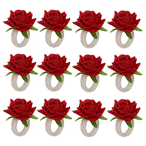 Resoye Artificial Red Rose Flower Napkin Rings Set Of 12, Silk Buckles Faux Fake Floral Ring Holder For Home Kitchen Weddings Table Decor, Dia In 1.77 Inch #TOP1