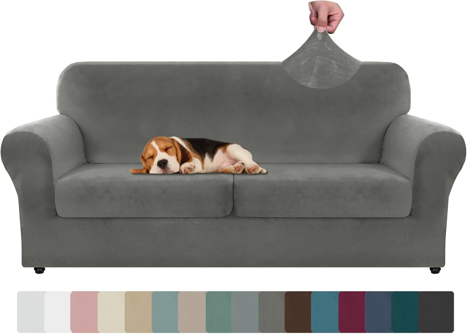 ZNSAYOTX Oversized Velvet 3 Piece Couch Cover with 2 Extra Large Seat Cushion Covers Stretch Sofa Cover for 2 Cushion Couch Thick Loveseat Sofa Slipcover for Living Room (Grey), 72"-92"(2 Cushions)