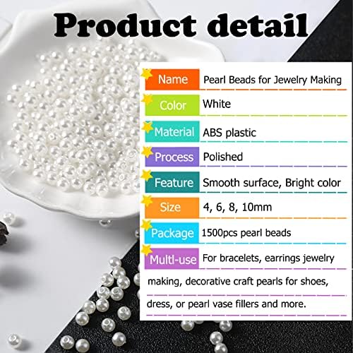 HILELIFE 1500pcs Pearl Beads for Jewelry Making, 4mm 6mm 8mm 10mm Round Loose Pearls Beads with Hole, Bracelet Pearls for Crafts, White Pearls for Jewelry Making