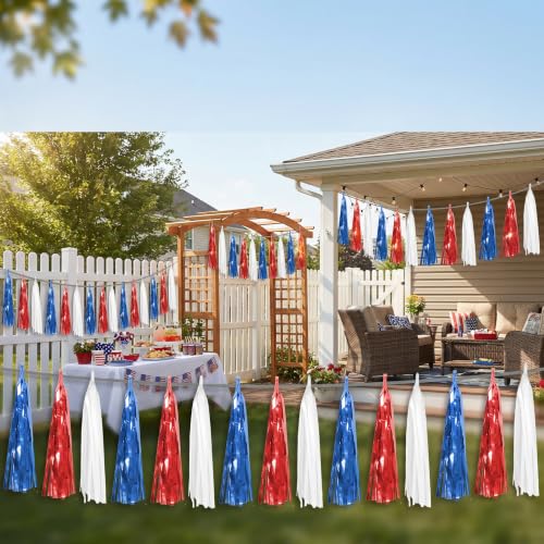 Image of 4P Red Blue White Foil Fringe Metallic Tassel Streamers Banner Tassel Garland for Parade Floats, Graduation, Wedding, Birthday, Halloween, Christmas, Independence Day, 4th of July, Party Decorations