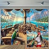 Vintage Pirate Ship Backdrop with Wooden Rudder, Treasure Chests, Sailing Map, Barrels & Parrot – Perfect for Nautical Pirate Theme Party Decorations & Photo Props