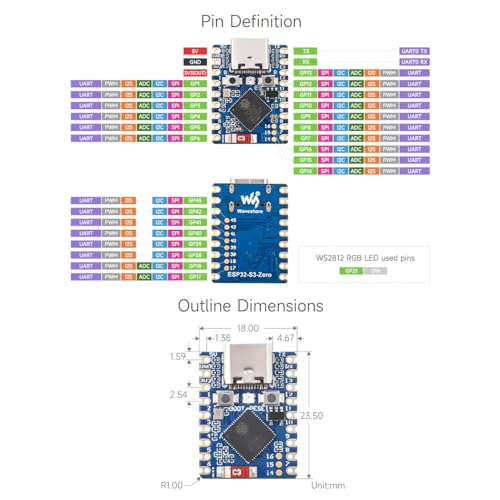 Image of Waveshare 3PCS ESP32-S3 Mini Development Board, Based On ESP32-S3FH4R2, Onboard Multi-Function GPIO Pins, Dual-Core Processor, 240MHz Running Frequency, 2.4GHz Wi-Fi & BLE 5