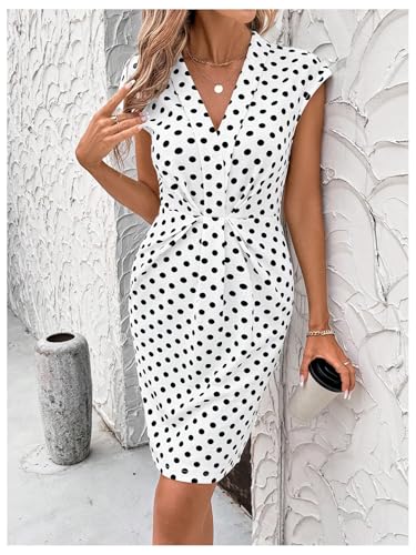 MakeMeChic Women's Midi Dress Wedding Guest Polka Dots V Neck Wrap Cap Sleeve Floral Bodycon Dresses4