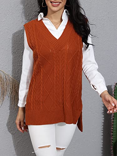 Bwq Sweater Vest For Women Oversized V Neck Sleeveless Plaid Cable Knit Tank Top Sweaters Brown #TOP2