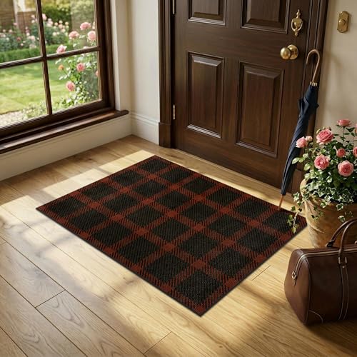 2x3 Entryway Door Mat Indoor – Washable Non Slip Small Rug for Front Door, Kitchen Sink, Mudroom, Garage Entry, Low Profile Easy Clean Farmhouse Plaid Floor Mat