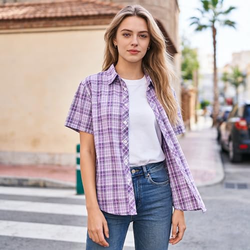 Image of SANGTREE Girls and Women Plaid Shirt Short Sleeve Button Down Summer Blouses Tops
