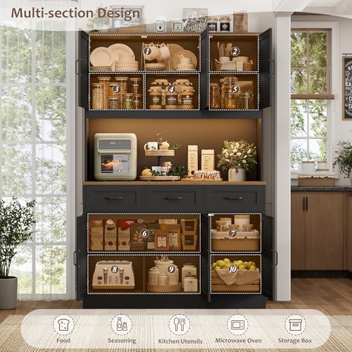Image of HOSTACK Kitchen Pantry Cabinet, Tall Kitchen Hutch Cabinet, Black /Brown | 47 inchW Food Pantry Cabinet with Smart LED / Charging Station / Countertop / 3 Large Drawers, 72 inchH Storage Hutch for Dining Room
