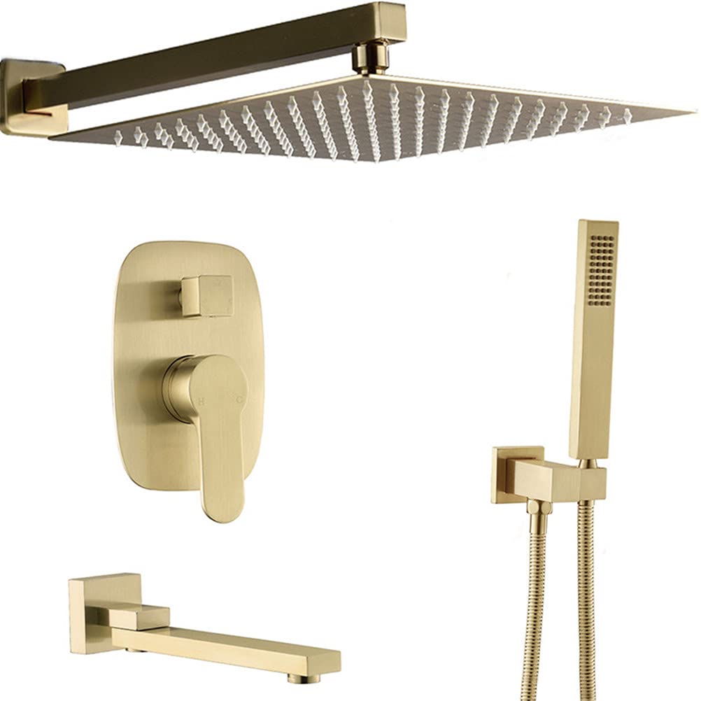 Sistema Doccia Incasso, Ottone Dorato Spazzolato a Parete Doccia a Pioggia 3 Funzioni Rubinetto per Doccia Set Miscelatore con 10-12" Set di Miscelatori per Vasca con Beccuccio Doccia Quadrato a pio
