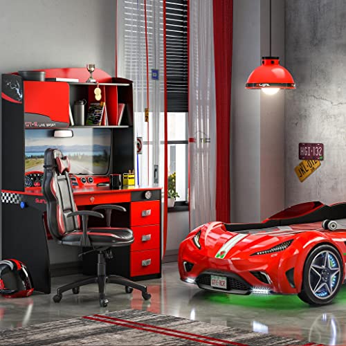 Cilek Study Desk And Hutch With Cabinet Ev Car Dashboard Design, Extra Shelves, Soft-Close Drawers, Red #TOP5