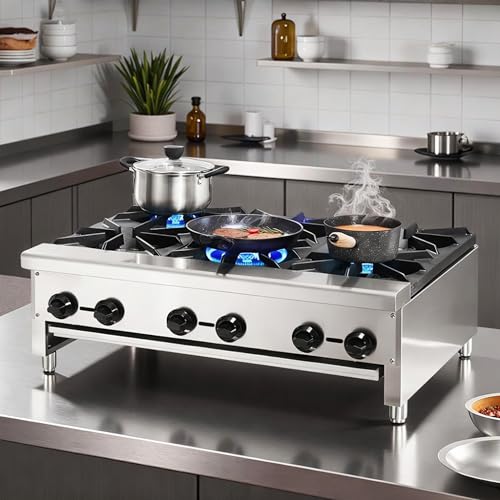 Image of Commercial Gas Stove with 6 Burners, Freestanding Propane and Countertop Natural Gas Range Stove, Stainless Steel Hot Plate, Commercial Cooking Equipment for Restaurant Kitchen, 168,000 BTU