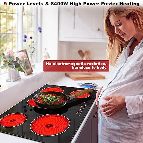 Image of Noxton Electric Cooktop 30 Inch, 8400W 5 Burners Drop-in Radiant Electric Stove Top, Sensor Touch Control, 9 Power Levels, Child Safety Lock, Timer,40Amps 220-240V Hardwire