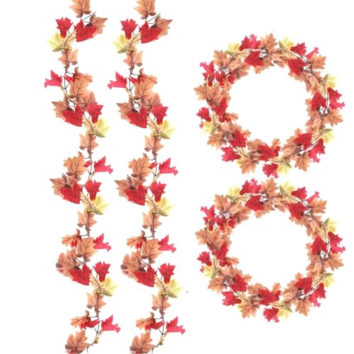 Image of 4 Pack Fall Garland Maple Leaf, 26Ft Hanging Artificial Autumn Foliage Garland Thanksgiving Decor for Home Wedding Fireplace Party Christmas Bulletin Board Decorations