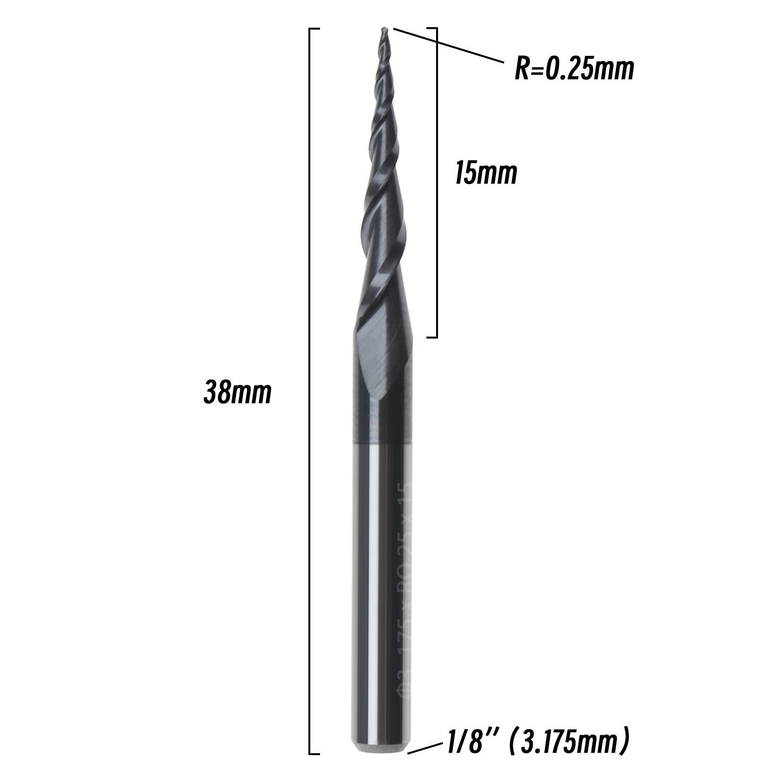 Fraise à bout conique avec bec sphérique de 0,25 mm en carbure de tungstène massif 2 cannelures Revêtement TiAIN Outil de gravure CNC Tige de 0,25 mm pour centres d'usinage CNC
