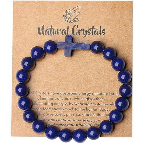 Cross Bracelet for Men & Women, Handmade Lapis Lazuli Crystal, Stretch Elastic, 8mm Round Beads, Blue3
