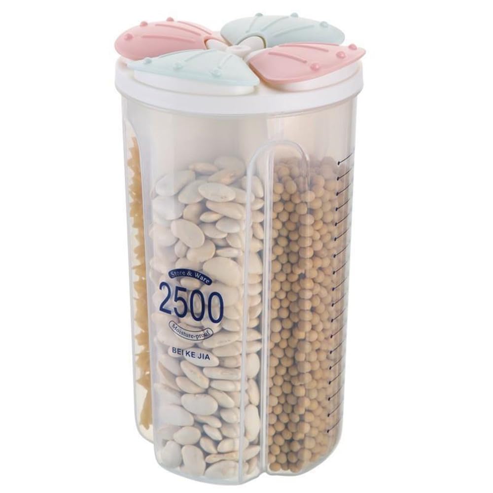 JMAHM Cereal Dispensers Tubs Food Storage Containers Pasta Airtight Clear Plastic with Multiple Spaces Calibration Keep Food Fresh Dry (2500ml / 4 Grid, Pink)