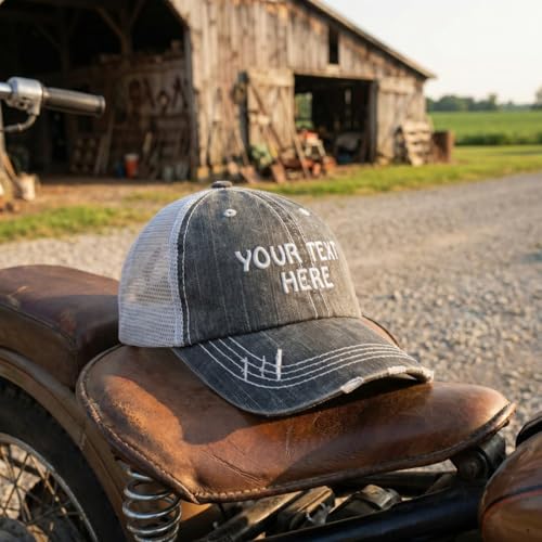 Image of Distressed Cap Trucker Hat Custom Personalized Text Word Name Dad Hats for Men