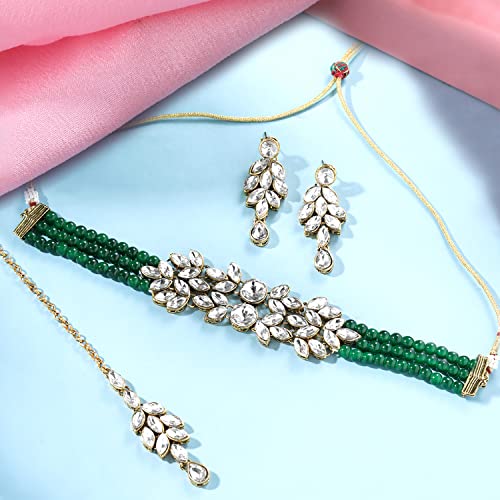 Image of Yellow Chimes Jewellery Set for Women and Girls Kundan Necklace Set for Girls | Gold Plated Beads Beaded Kundan Choker Necklace Set | Birthday Gift for girls and women Anniversary Gift for Wife