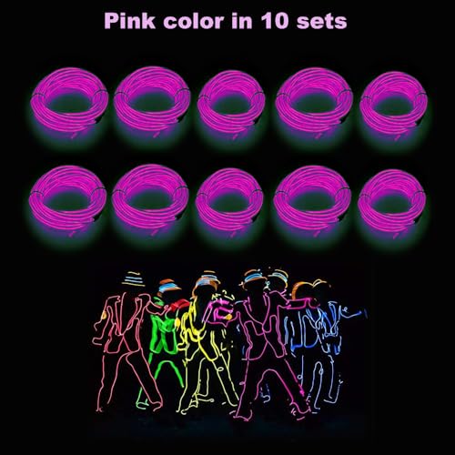 Image of MaxLax EL Wire Pink 10-Pack, 16.4ft /5m Neon Light Wire with Noise Reduction and Battery Pack