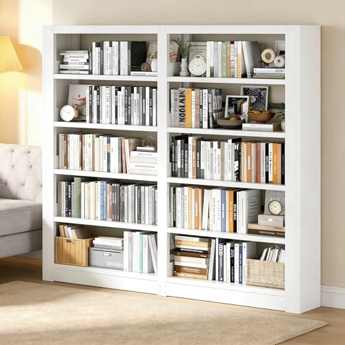 Image of Heavy Duty Metal Bookshelf, 5-Tier Industrial Bookcase with Adjustable Shelves, Large Storage Bookshelf for Living Room, Office, Library, 69 inch H x 69.3 inch W, White