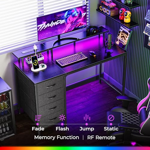 Huuger 47 Inch Computer Desk with Power Outlets and LED Lights, Gaming Desk with 4 Drawers, Office Desk with Monitor Stand, Study Desk Work Desk for Home Office, Small Spaces, Black - Image 5