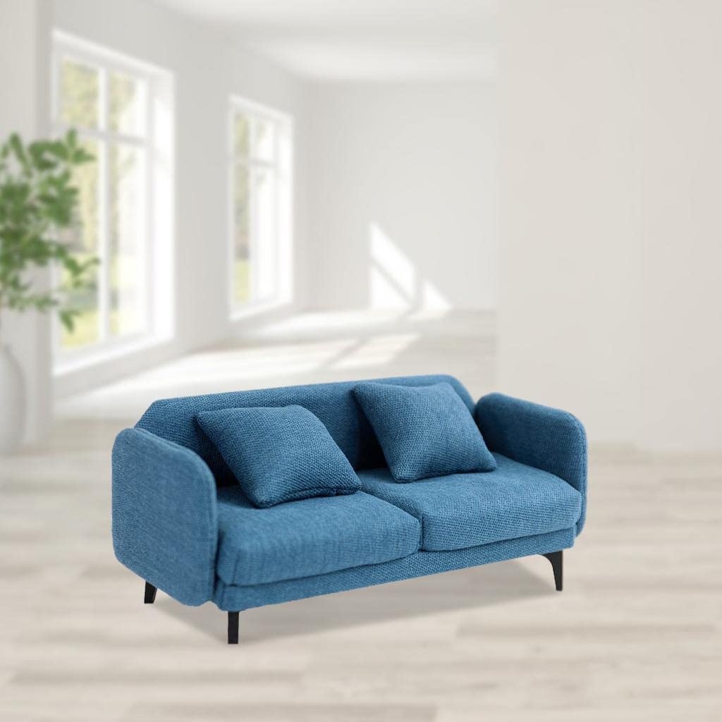 Sofá para Casa de Muñecas, Sofá Doble en Miniatura, Madera, Franela, Muebles para Sala de Estar, Decoración, Accesorios para Casa de Muñecas, Azul