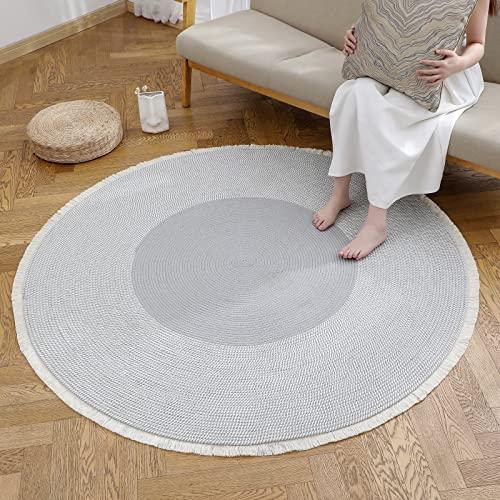 Image of Cotton Round Carpet 3x3 feet - Handmade Braided Boho Rug for Living Room, Bedroom & Balcony - Soft Washable Floor Mat, Color -Mixx Silver