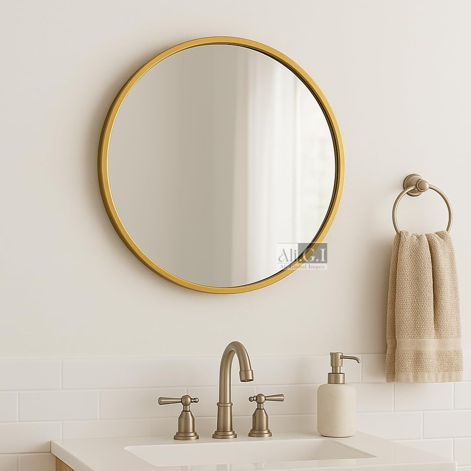 Image of Round Wall Mirror in Gold I Metal Frame Mirror I Modern Metal Frame Mirror in Small Size I Bathroom Wash Basin, Bedroom, Drawing Room (Gold, 18 inch)