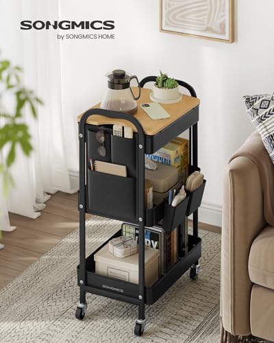 SONGMICS 3-Tier Storage Trolley, Rolling Cart with Tabletop, 2 Detachable Hanging Cups, 6 Side Pockets, Utility Cart for Living Room, Office, Kitchen, Bathroom, Ink Black LRC036B01 - Image 2