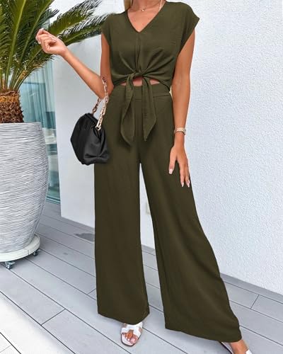 Image of PRETTYGARDEN Women's Summer 2 Piece Outfits 2026 Cap Sleeve V Neck Belted Crop Tops Wide Leg Pant Sets Casual Tracksuit