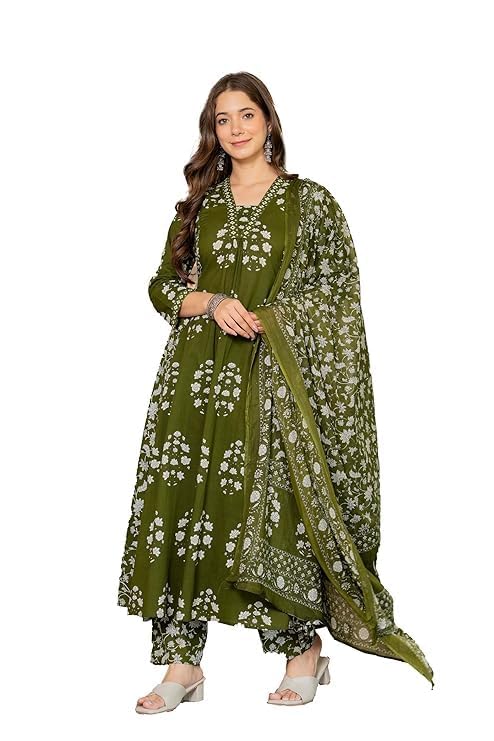 elvanto fashion Women's Pure Cotton Block Printed Ethnic Wear Kurta & Palazzo Pants & Dupatta Set (Green)-picture-41