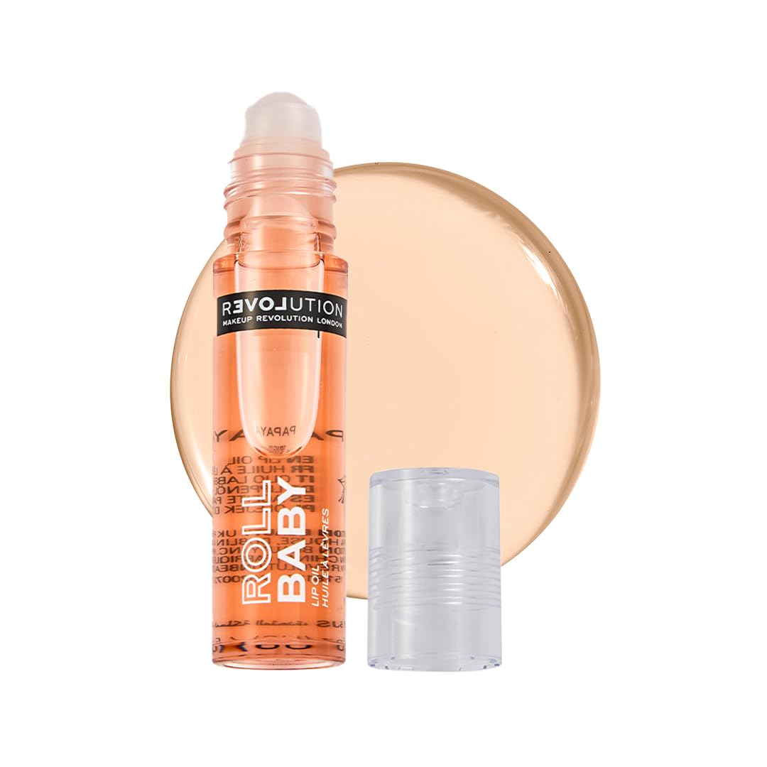 Makeup Revolution Relove Roll Baby Lip Oil- Papaya | Deeply Hydrating Lip Oil for Dry, Cracked Lips | Lightweight, Non-Sticky, Glossy Lip Care with Nourishing Goji Extract- 8ml