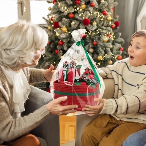 Image of OIAHOMY Christmas Basket with Gift Bags and Ribbons, Woven Storage Basket for Decorations, Nursery, Pets - Red