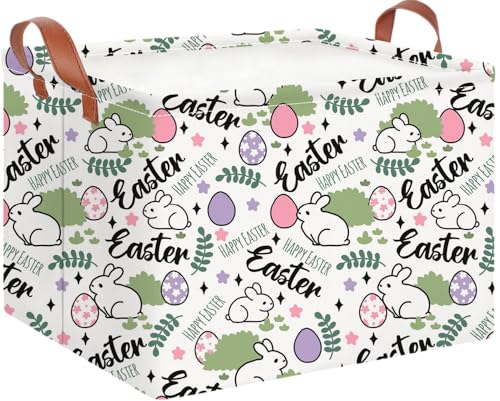 Image of CLOCOR Rectangular Green Easter Gift Basket Empty,Waterproof Storage Basket with Handles,Room Decor(Rabbit Egg)