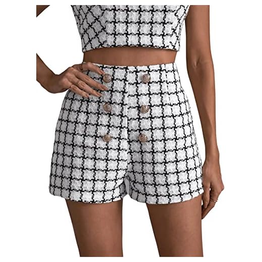 SweatyRocks Women's Casual High Waisted Shorts Pants Front Button Retro Vintage Shorts White Black Plaid L