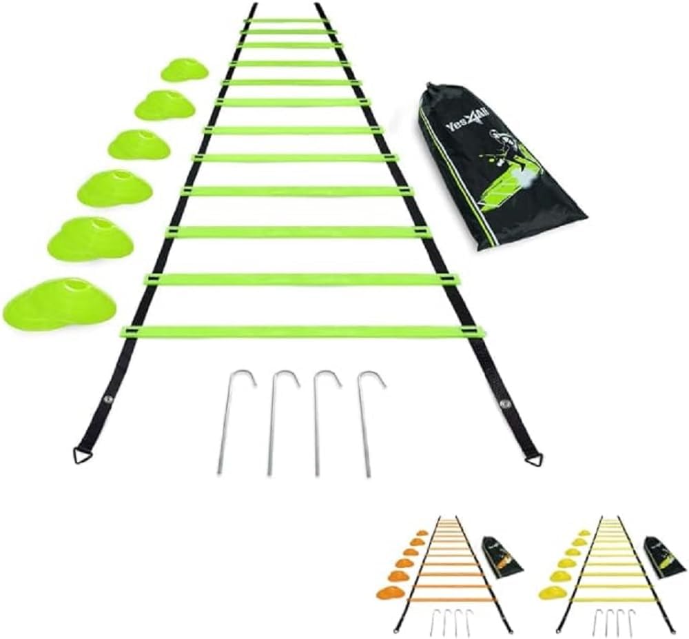 Yes4All Ultimate Combo Agility Ladder Training Set – Speed Agility Ladder Lime 12 Adjustable Rungs, 12 Agility Cones & 4 Steel Stakes - Included Carry Bag A. Combo Lime